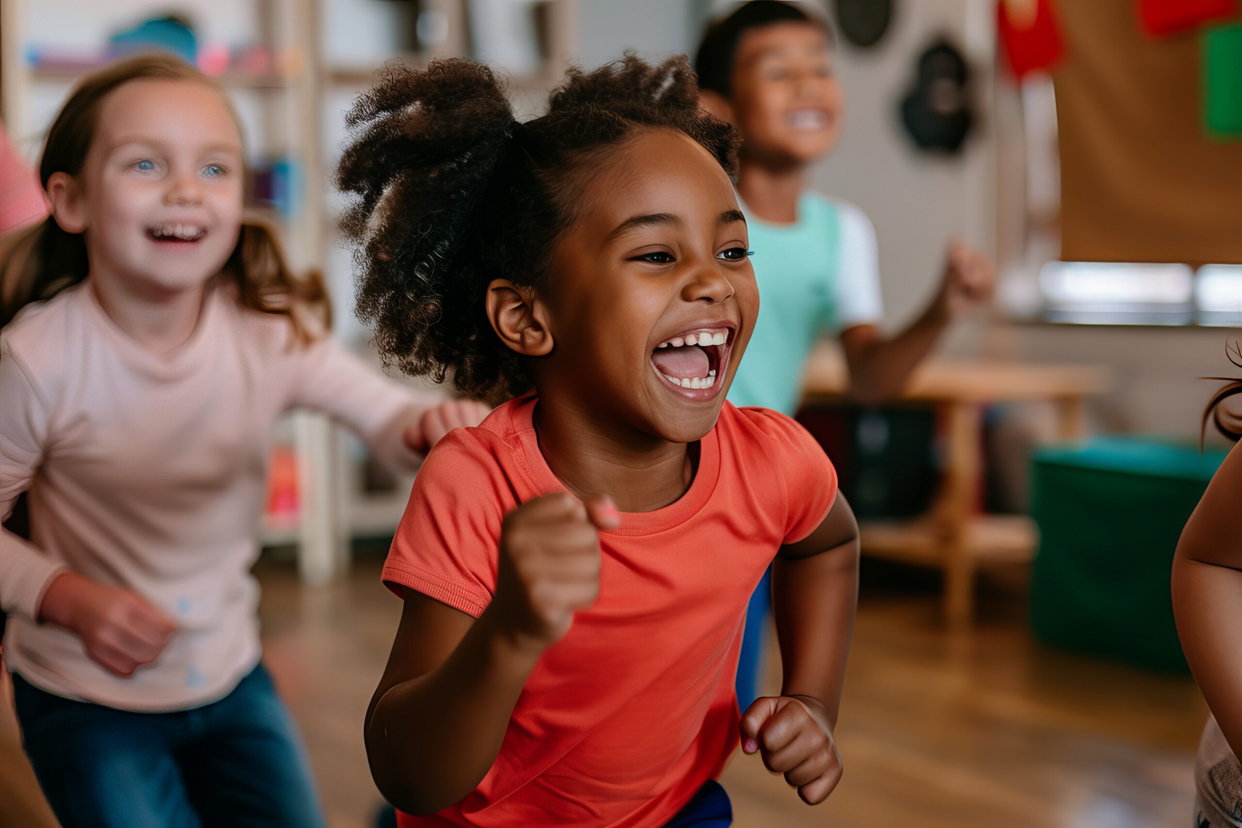 Primary school children, playing an indoor PE games